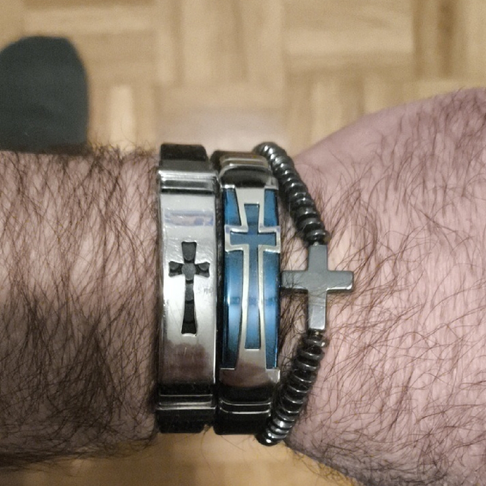 3 Men's Silver and Blue Cross Bracelets